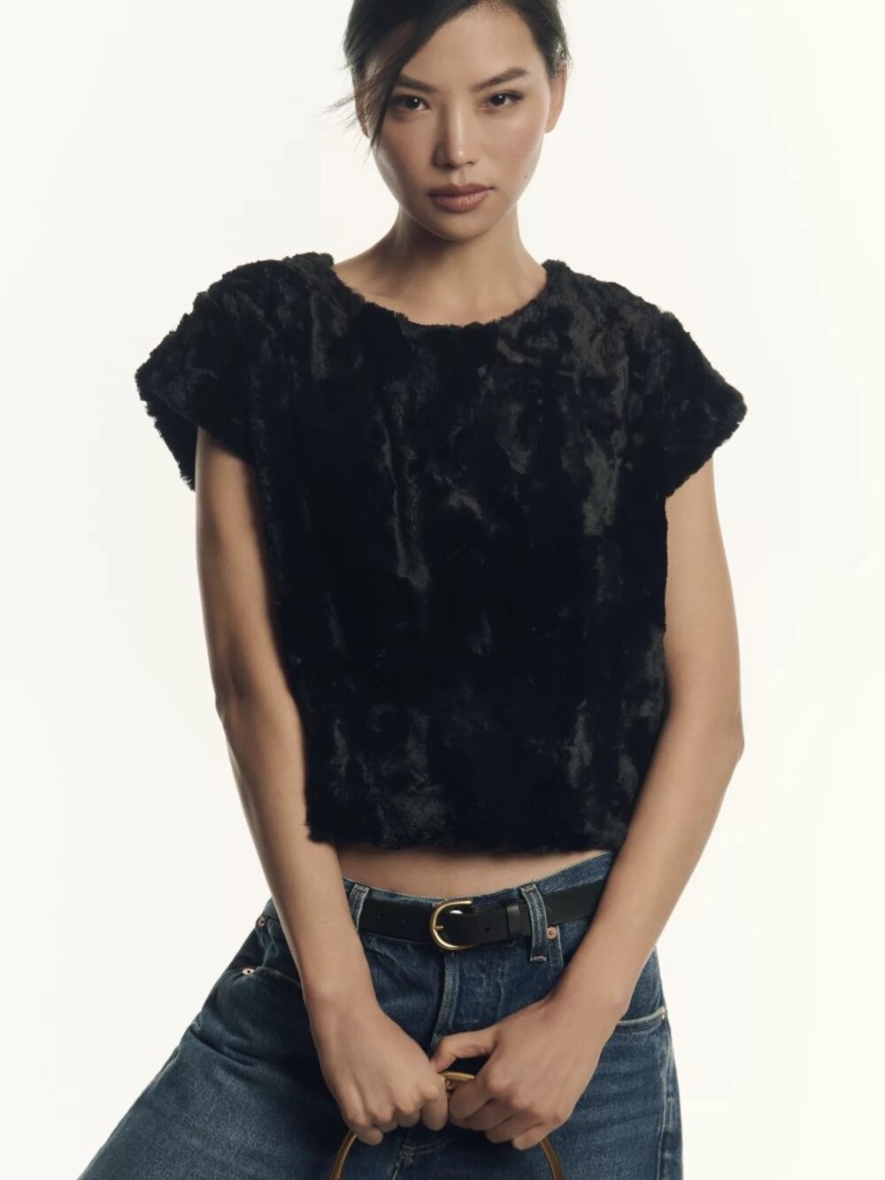 Anthropologie Maeve Faux Fur Tee black size L new with tag